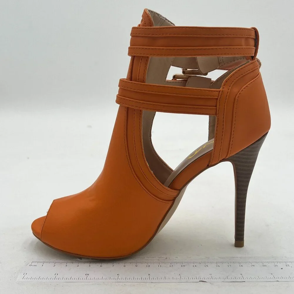 XYD Dark Orange Peep Toe Ankle Boot High Heel Buckled Double Straps Cutout Shoe - Picture 2 of 8